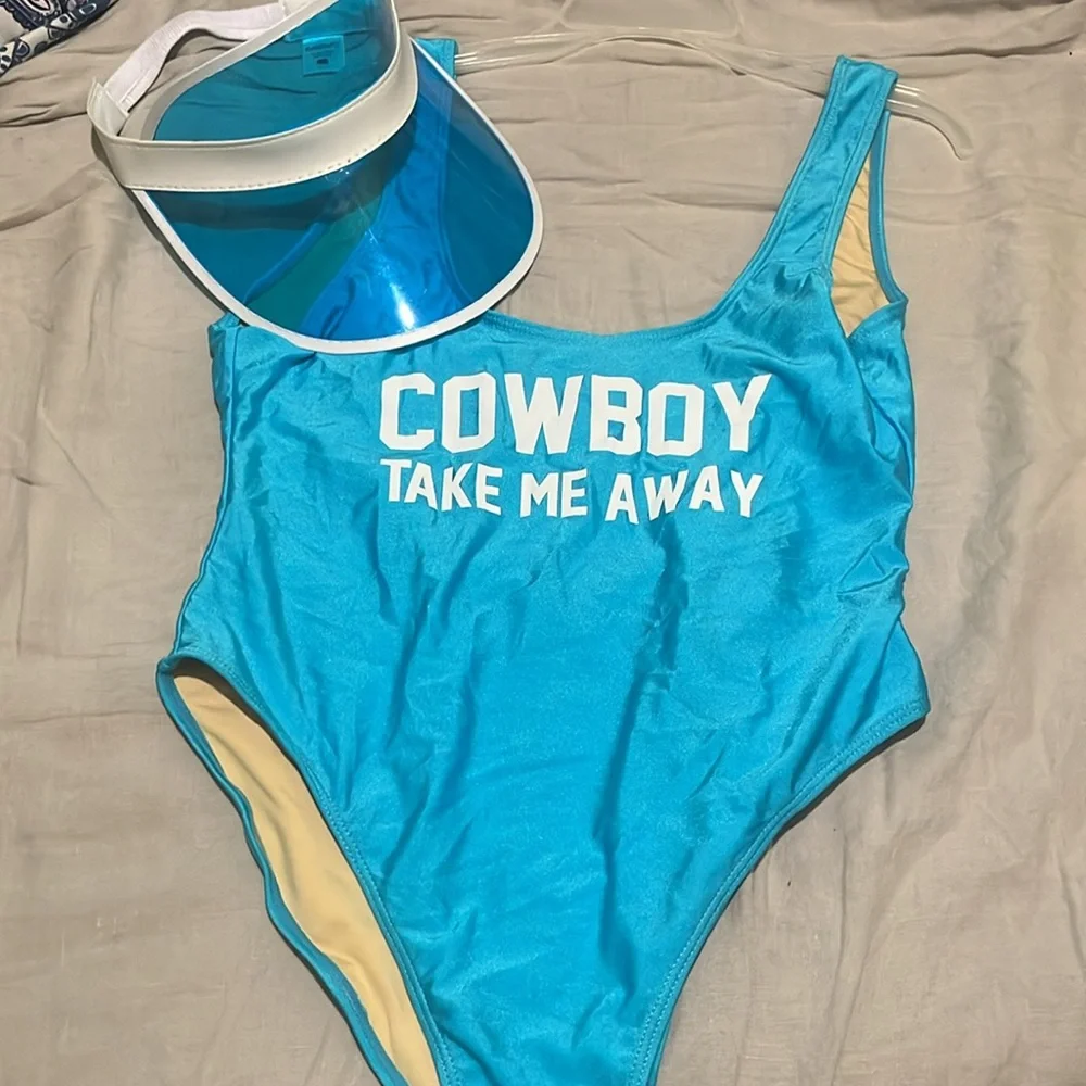 Ravesuits Take Me Away Cowboy Size Small One Piece Bathing Suit and Party Visor
